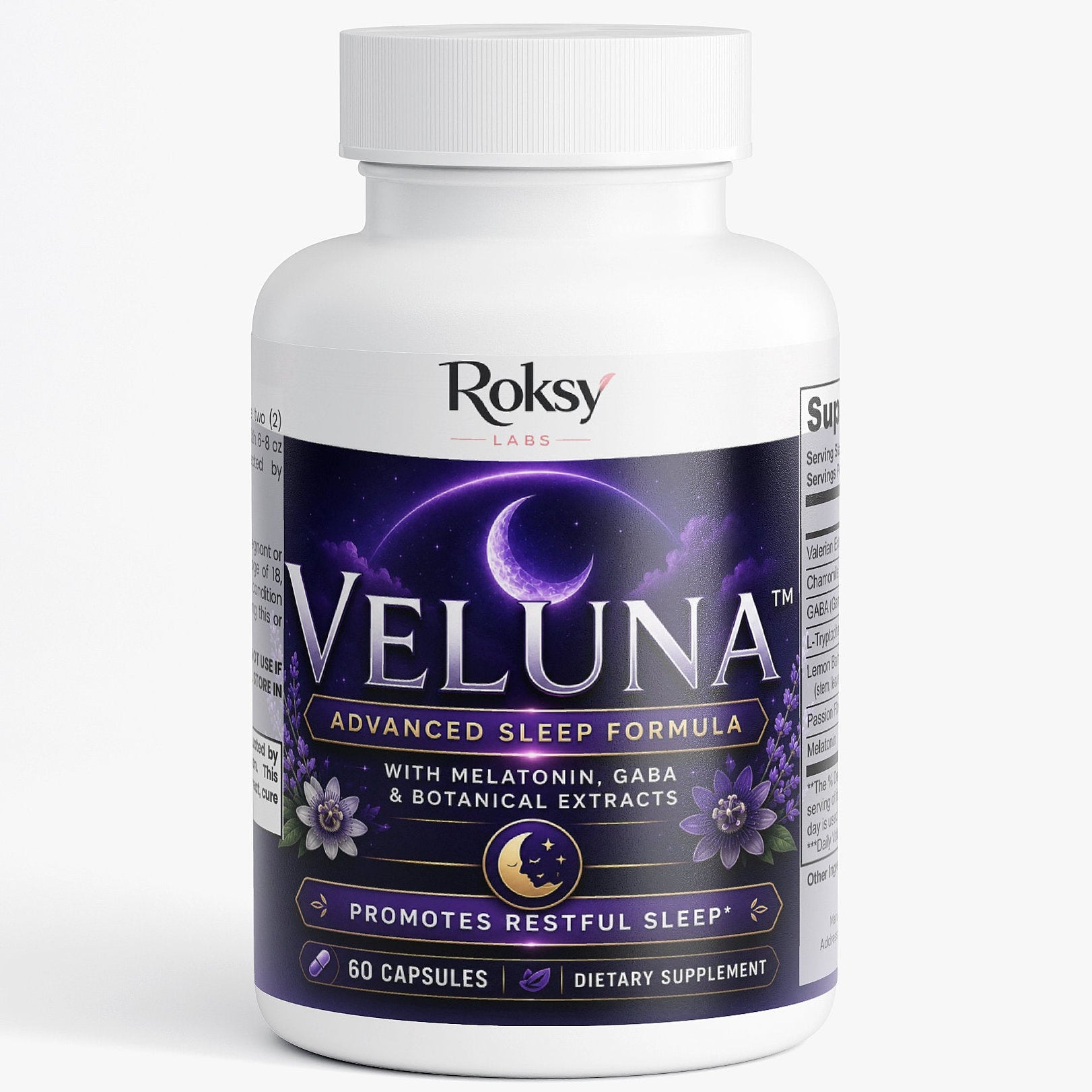 Roksy Veluna Advanced Sleep Formula supplement bottle on a white background