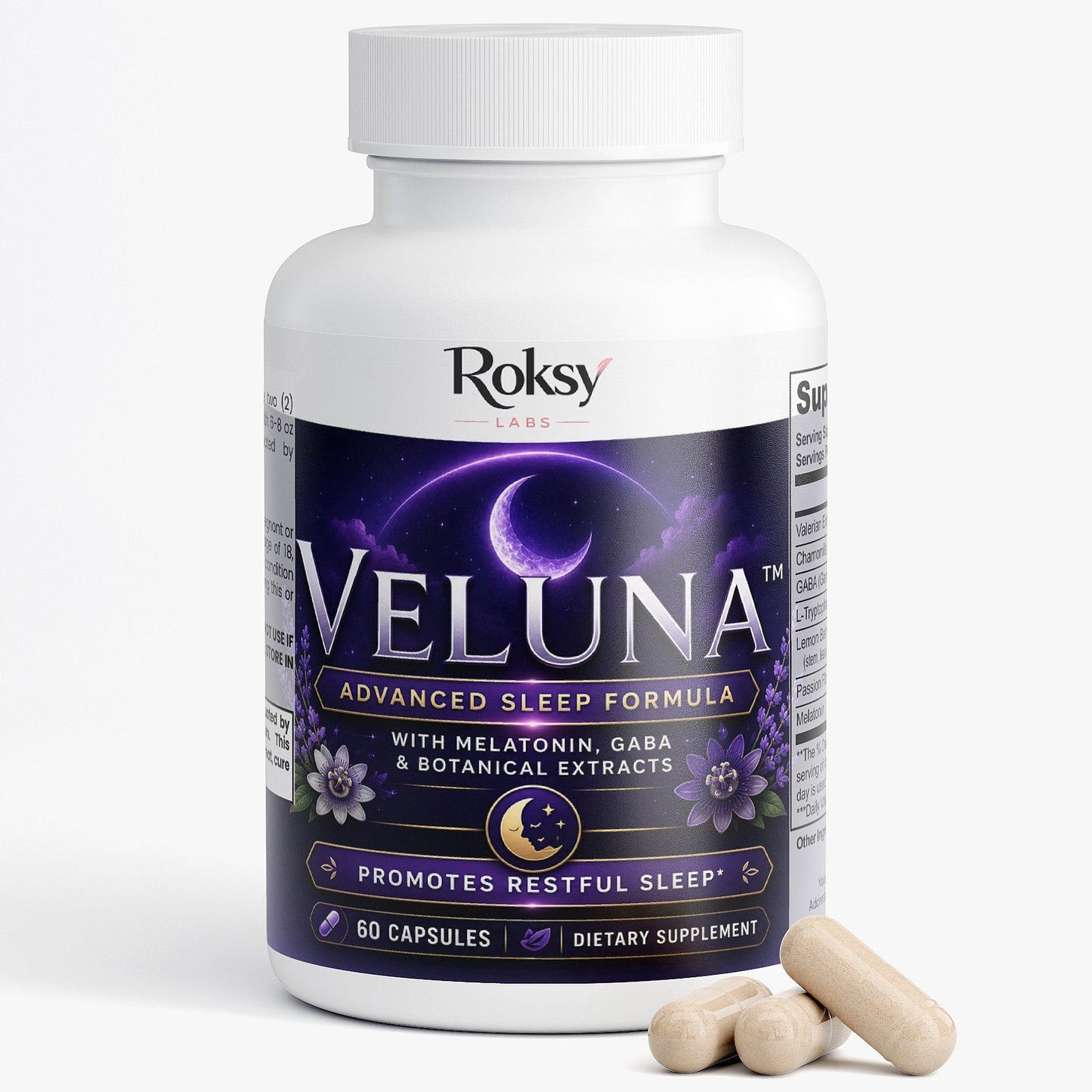 Roksy Veluna Advanced Sleep Formula supplement bottle with capsules on a white background