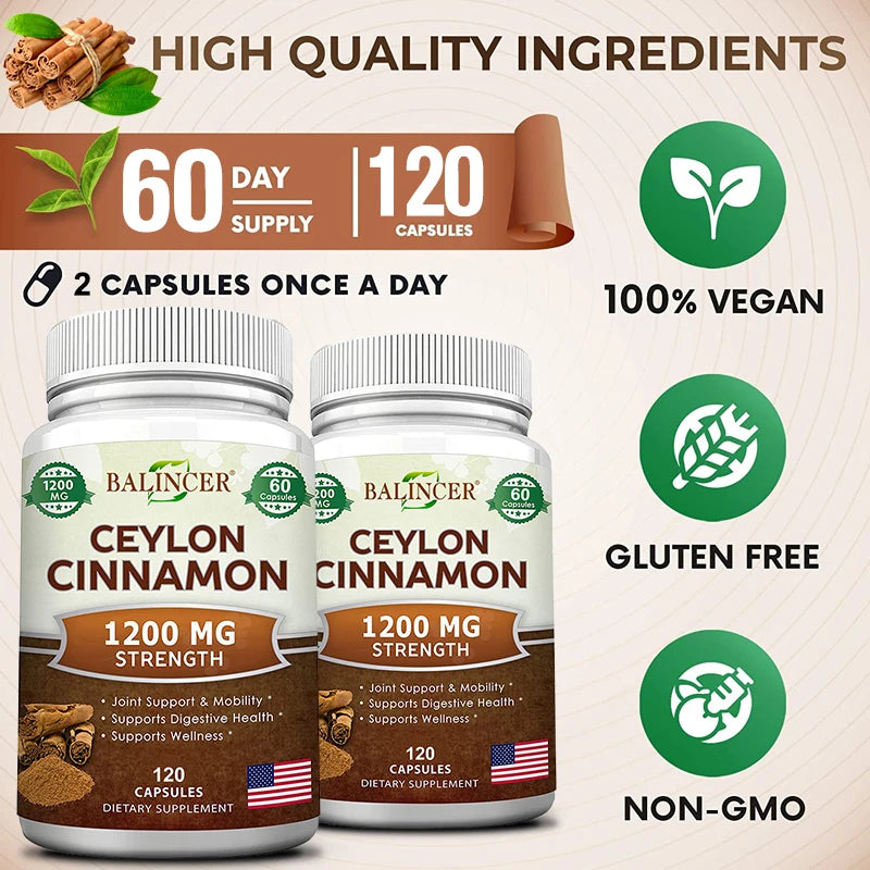 Premium Ceylon Cinnamon 1200 mg Organic All-Natural Supplement for Blood Sugar Levels, Circulation, Brain and Joint Health