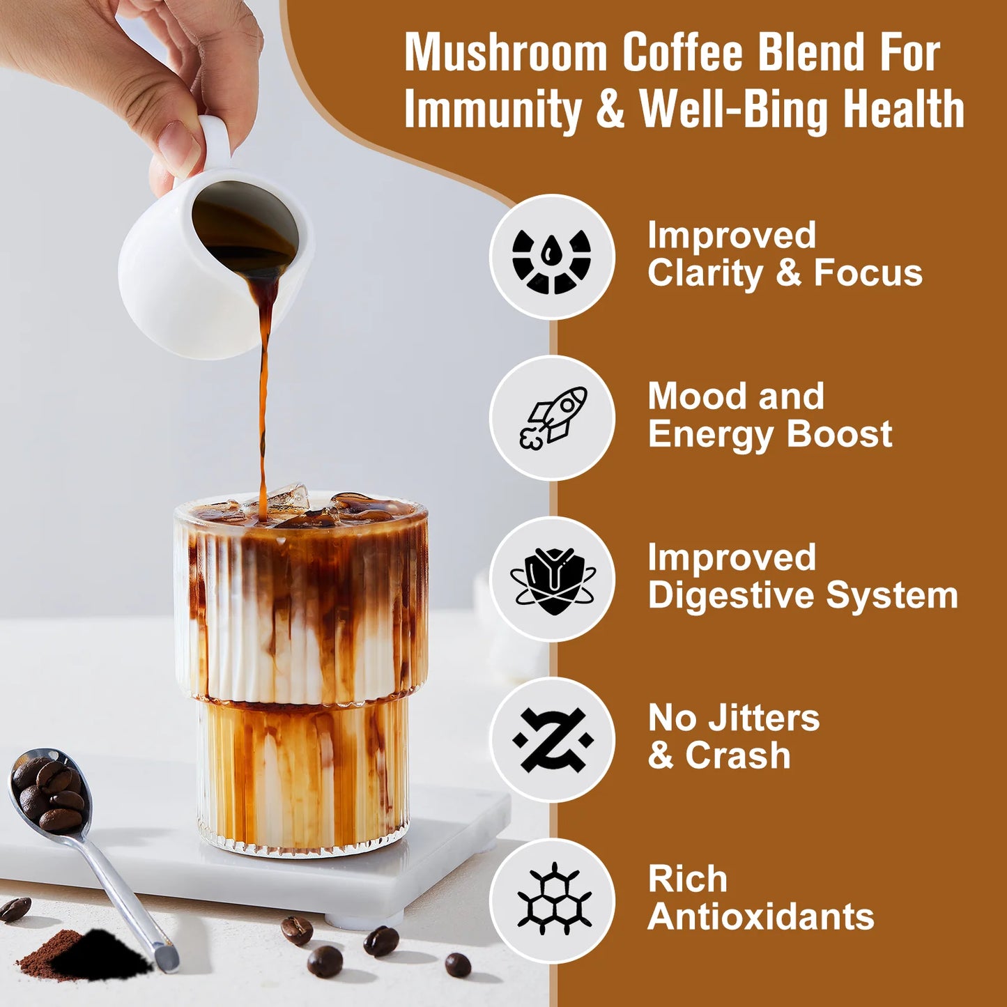 Mushroom Coffee Supplement 10 Mushroom Blend- Lion's Mane, Chaga, Cordyceps Brain Supplements for Energy, Memory and Immunity