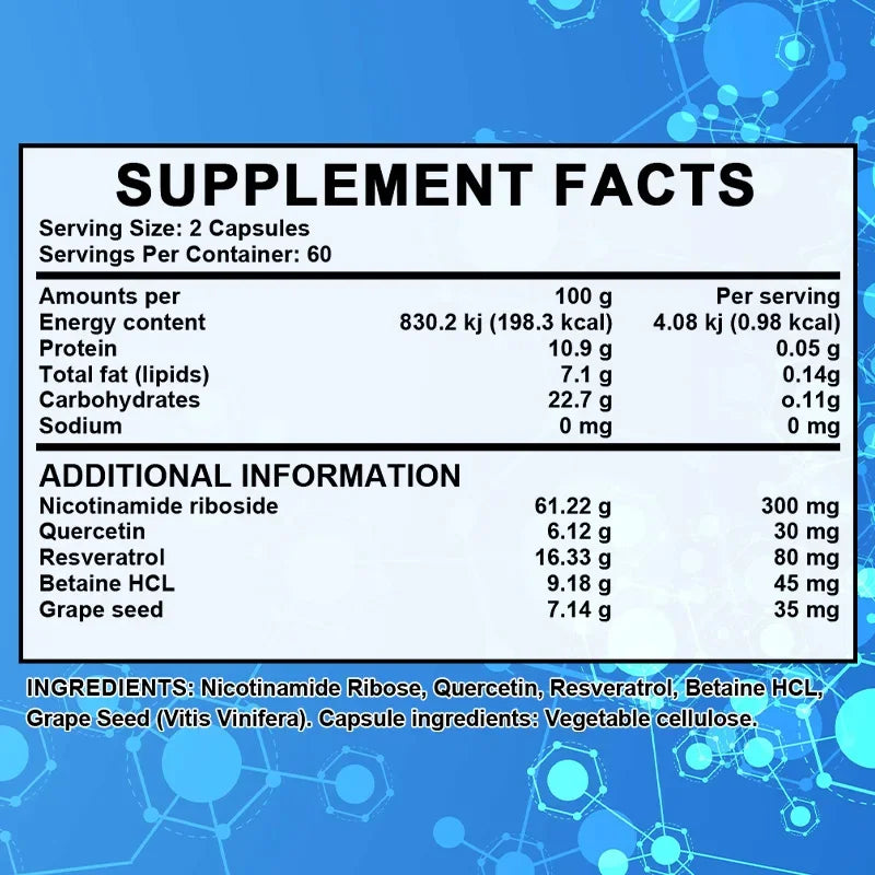 Nicotinamide Riboside Alternative, Anti-Aging Activator, Natural Energy Supplement, Supports Cellular Health, 120 Capsules