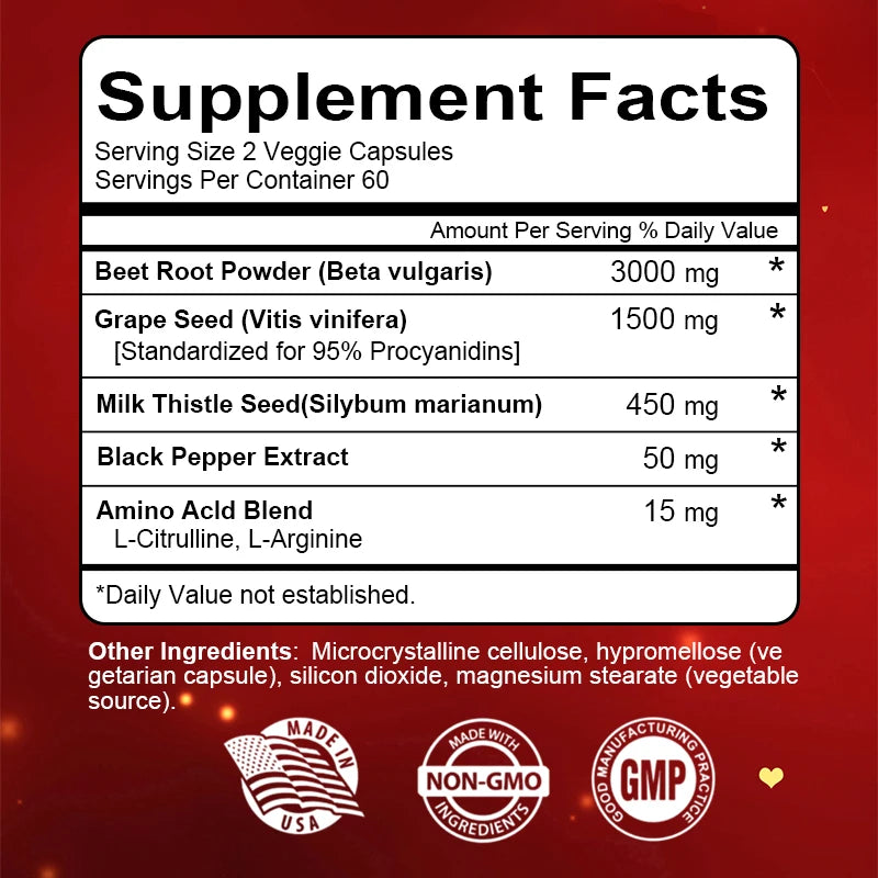 Liver Supplements - Beetroot Milk Thistle Grapeseed Extract Capsules, Cardiovascular Detoxification and Kidney Support