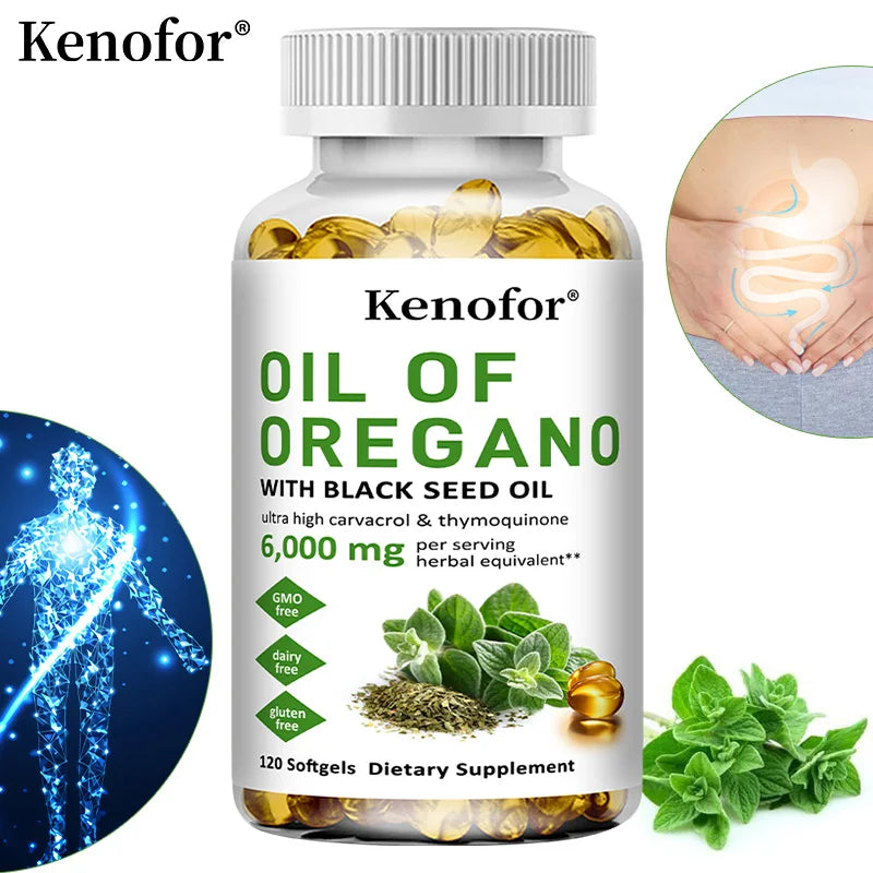 Oregano Oil Softgels - Contains Black Seed Oil, Promotes Digestion and Intestinal Health, Antioxidant, Enhances Immunity