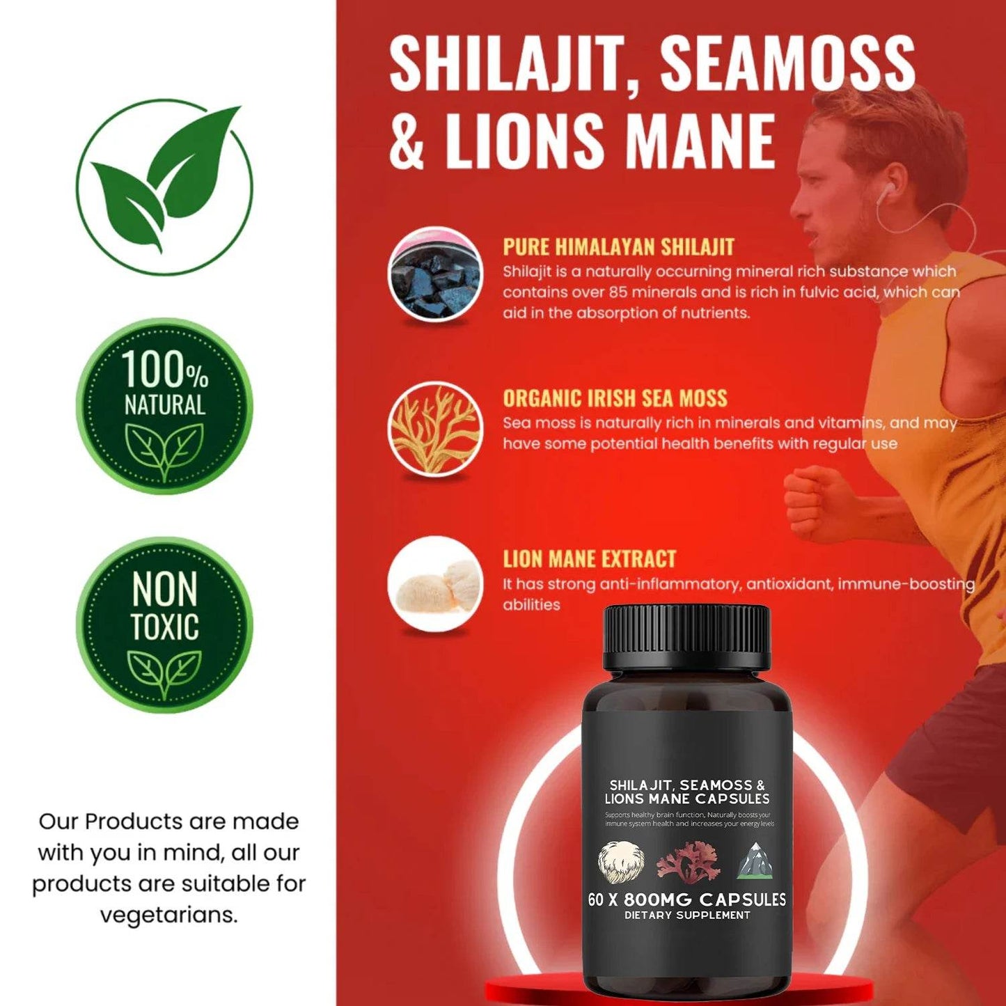 Shilajit, SeaMoss&Lions Mane Capsules - Comprehensive All-in-One Wellness Supplement for Mind, Body, and Vitality - 60 Capsules