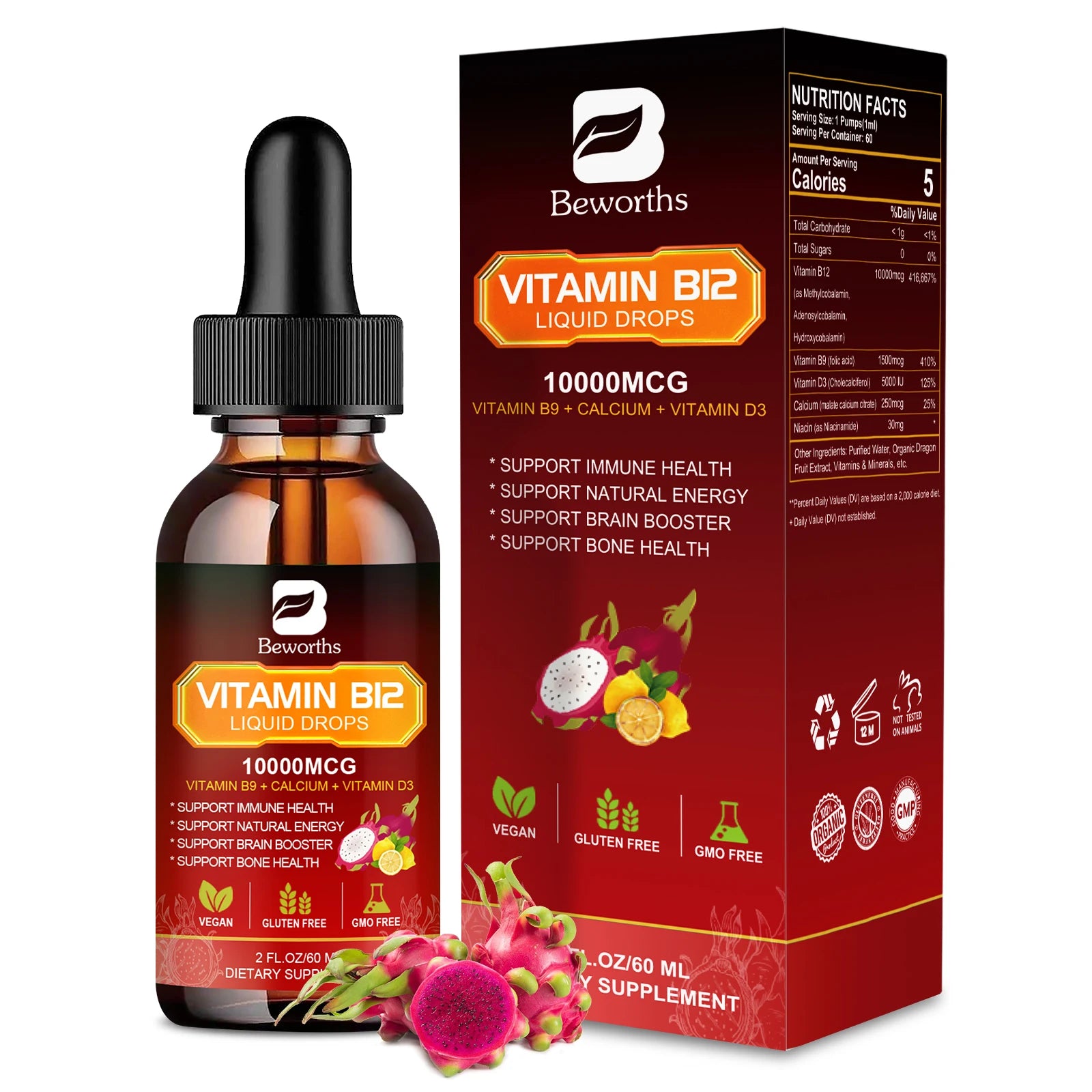 BEWORTHS Vitamin B12 and Vitamin D3 Drink Vitamin Complex Supplements Immune and Intestinal Digestive Health Brain &Heart Health 60ML United States