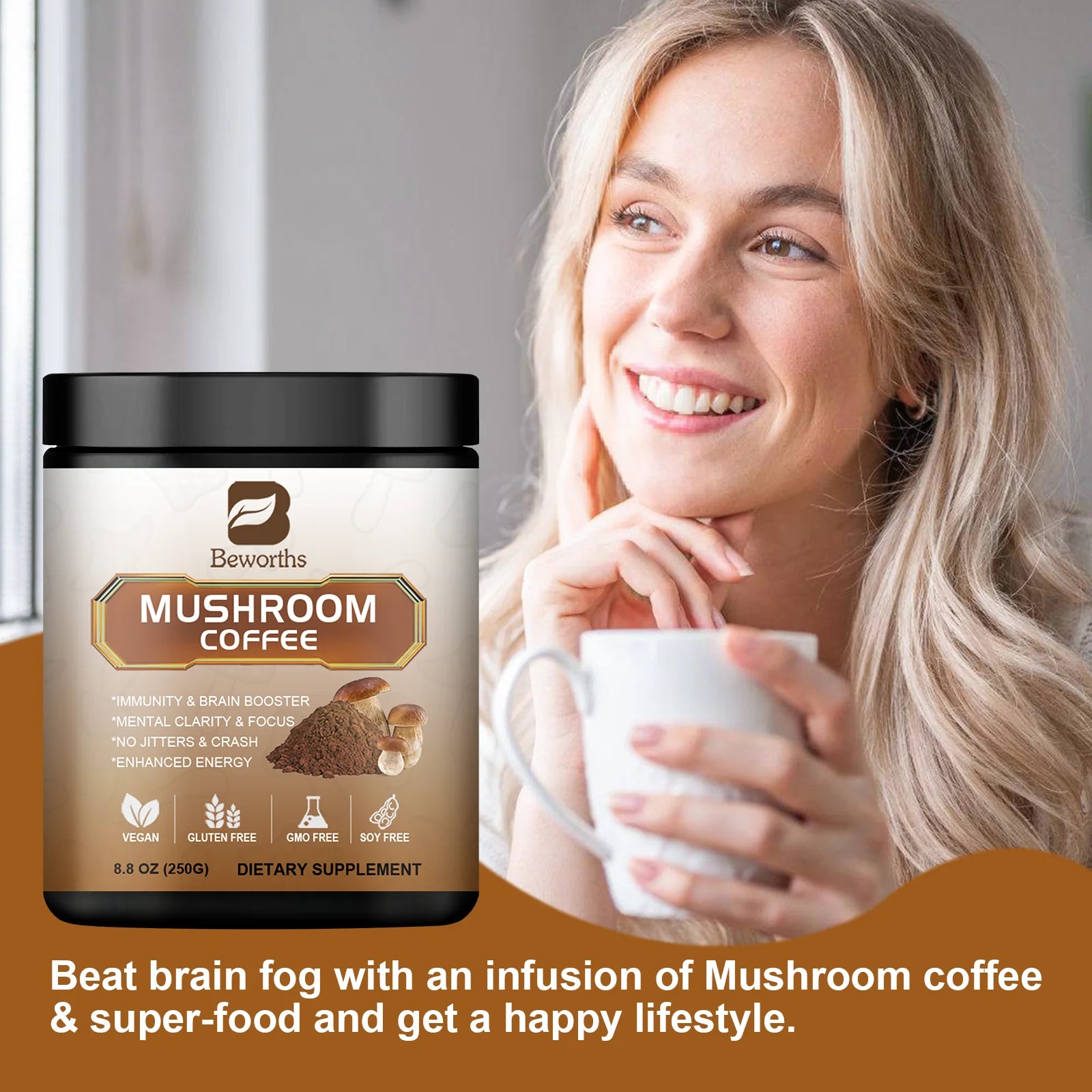 Mushroom Coffee Supplement 10 Mushroom Blend- Lion's Mane, Chaga, Cordyceps Brain Supplements for Energy, Memory and Immunity