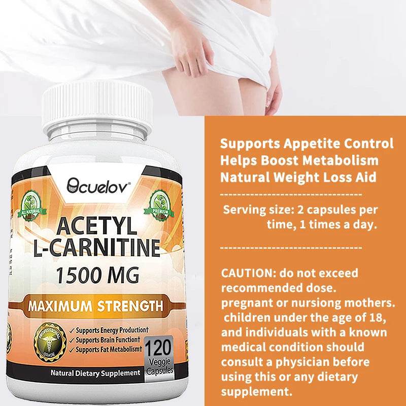 Acetyl L-Carnitine 1500 mg, Supports Efficient Energy Production, Brain Function, Fat Metabolism, 120 Capsules