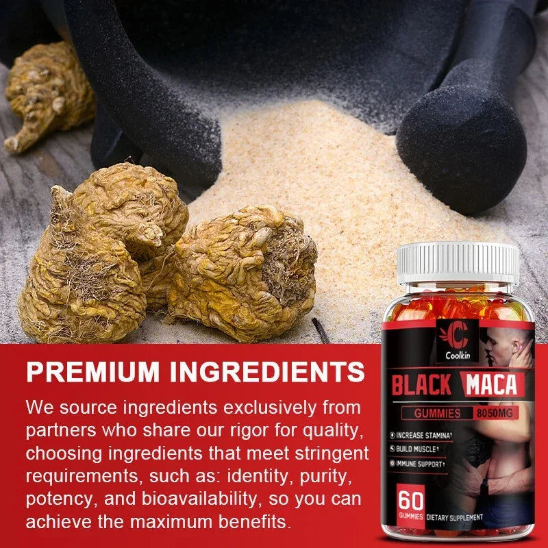 Black Maca Gummies - Performance and Mood Supplement, Supports Natural Health, Muscle Growth, Energy - 60 Gummies