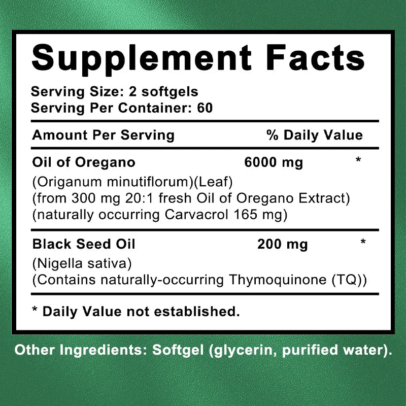 Oregano Oil Softgels - Contains Black Seed Oil, Promotes Digestion and Intestinal Health, Antioxidant, Enhances Immunity
