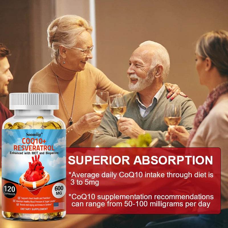 120 CoQ10 + Resveratrol Capsules Supplement to Support Energy, Vitamins, Heart Health and Blood Pressure Levels