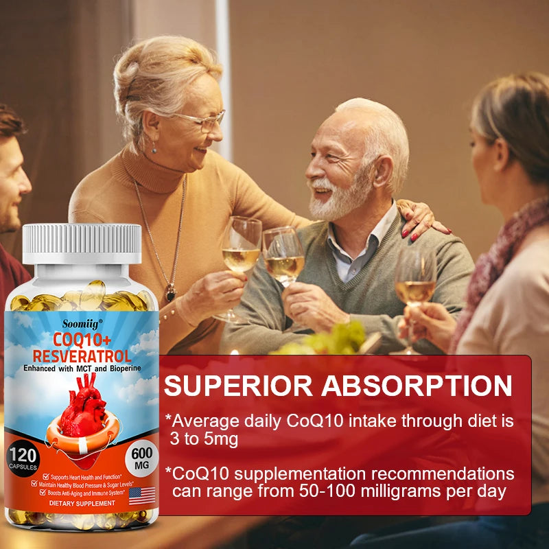 120 CoQ10 + Resveratrol Capsules Supplement to Support Energy, Vitamins, Heart Health and Blood Pressure Levels