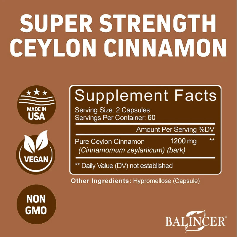 Premium Ceylon Cinnamon 1200 mg Organic All-Natural Supplement for Blood Sugar Levels, Circulation, Brain and Joint Health