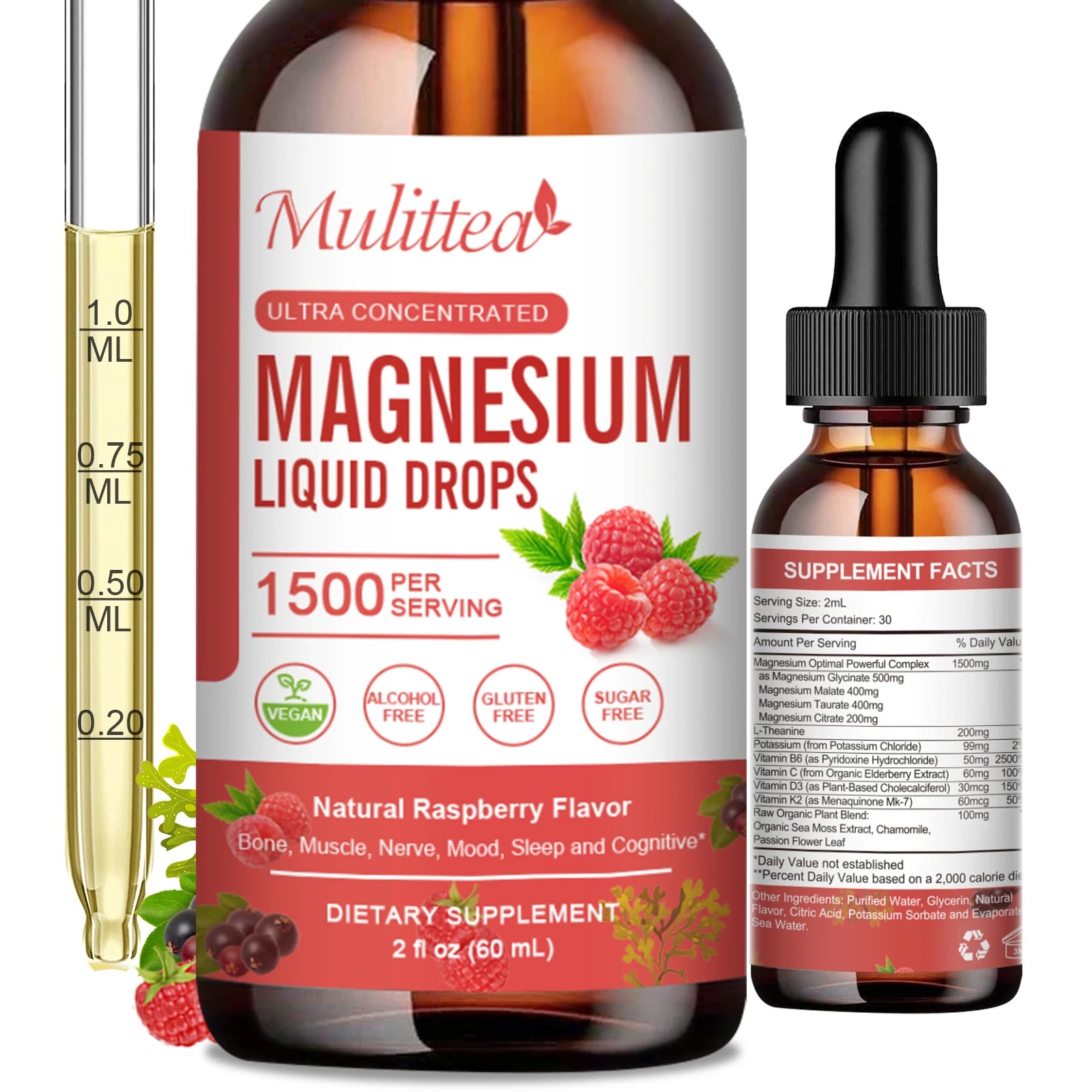 Mulittea Magnesium Liquid Drops - Triple Absorption Supplement To Support Nerves, Nighttime, Heart, Muscles 60ml