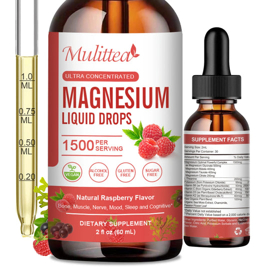 Mulittea Magnesium Liquid Drops - Triple Absorption Supplement To Support Nerves, Nighttime, Heart, Muscles 60ml