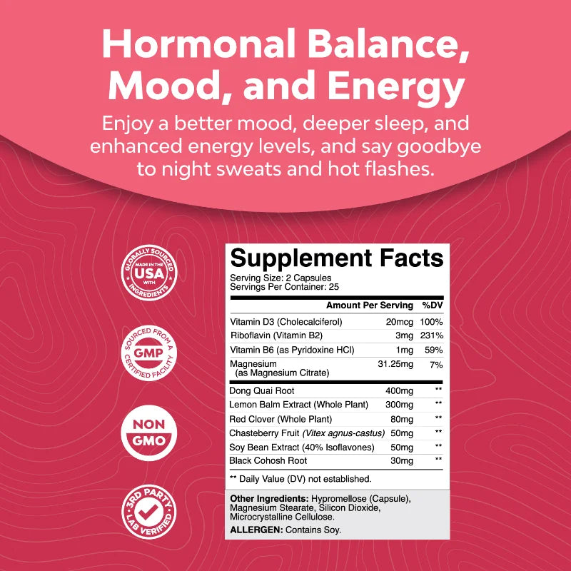 Angelica, Chasteberry & Black Cohosh Extracts, Complete Herbal Supplement for Women's Menopause - Multi-Benefit, 90 Capsules