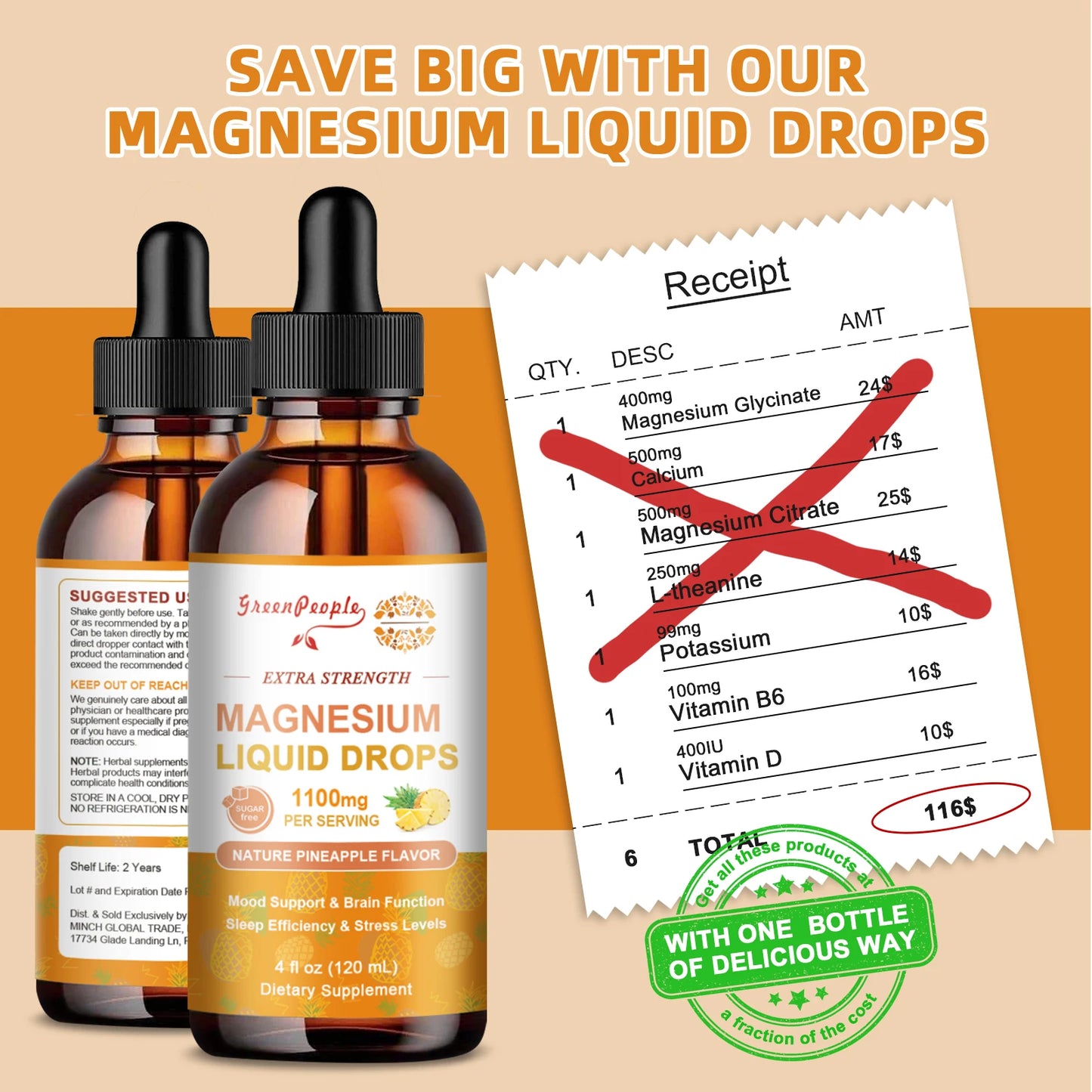 Magnesium Complex Supplement , Magnesium Liquid Drops with Magnesium Glycinate & Citrate ,Calm Mood, Muscle & Sleep for Adults