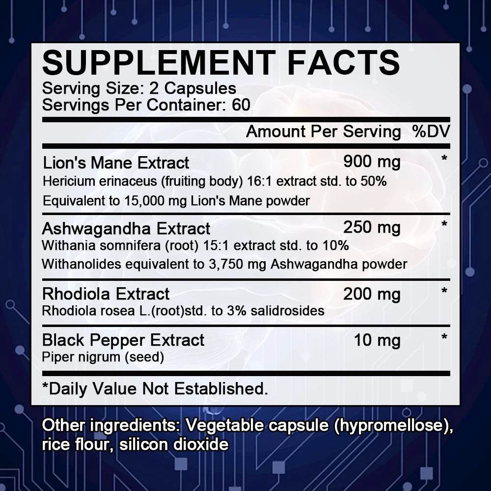 Lion's Mane Supplement - Supports Healthy Energy, Memory, Focus, Mood, Nervous System, Immune Health, 120 Capsules