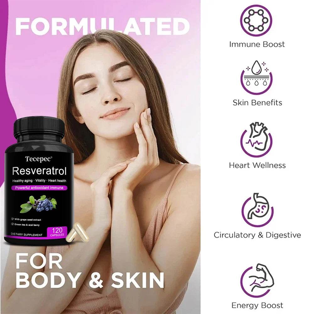 Resveratrol Supplement - Powerful Formula for Healthy Aging, Immune Support & Heart Health with Green Tea Leaf & Grape Seed