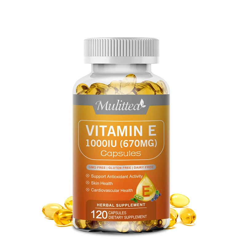 Mulittea Vitamin E Capsules Helps Blood Birculation and Antioxidant &Brightens Skin Tone Daily Vitamin Supplement Beauty Health 120pcs