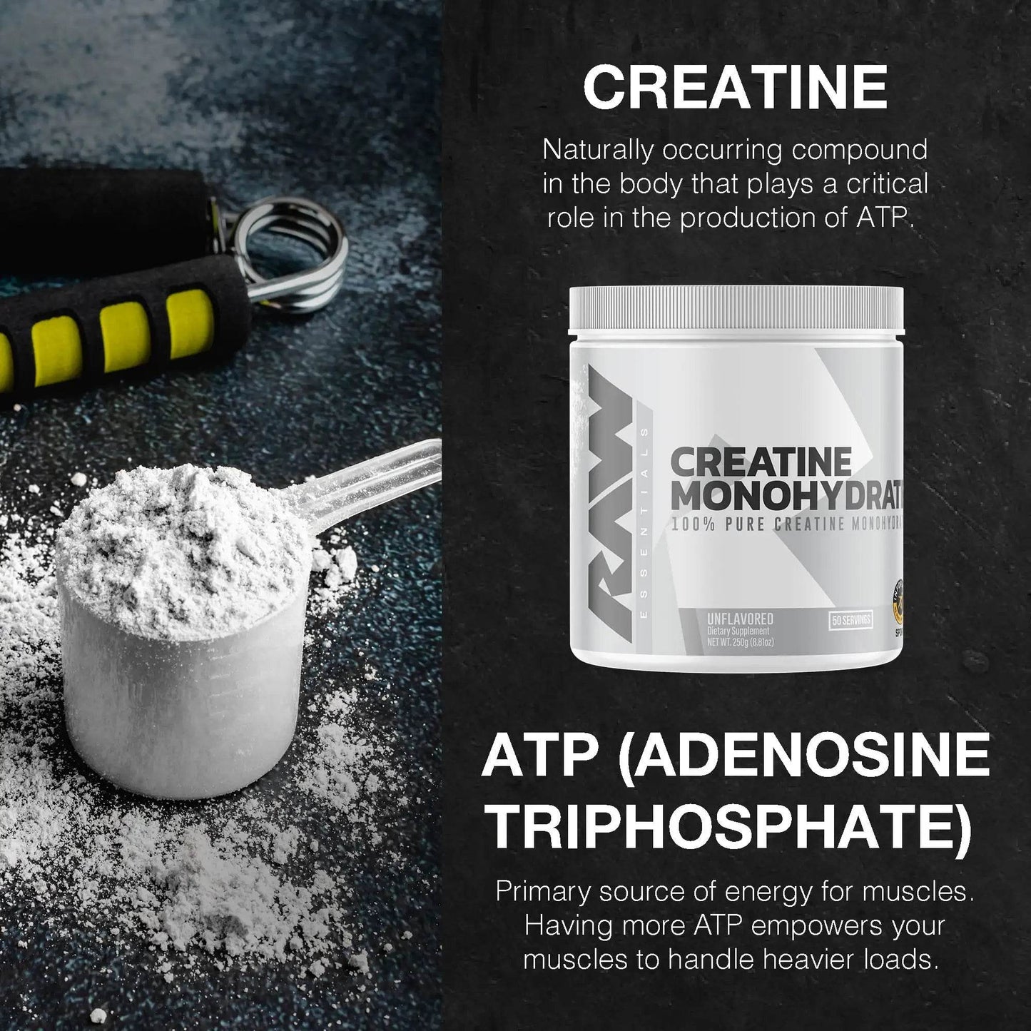 RAW Nutrition Essential 100% Pure Creatine Monohydrate Powder, Unflavored, 8.81 oz, 50 Servings