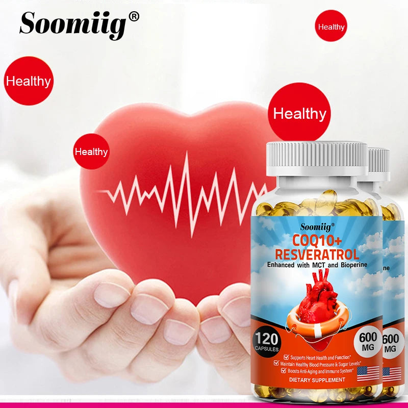 120 CoQ10 + Resveratrol Capsules Supplement to Support Energy, Vitamins, Heart Health and Blood Pressure Levels