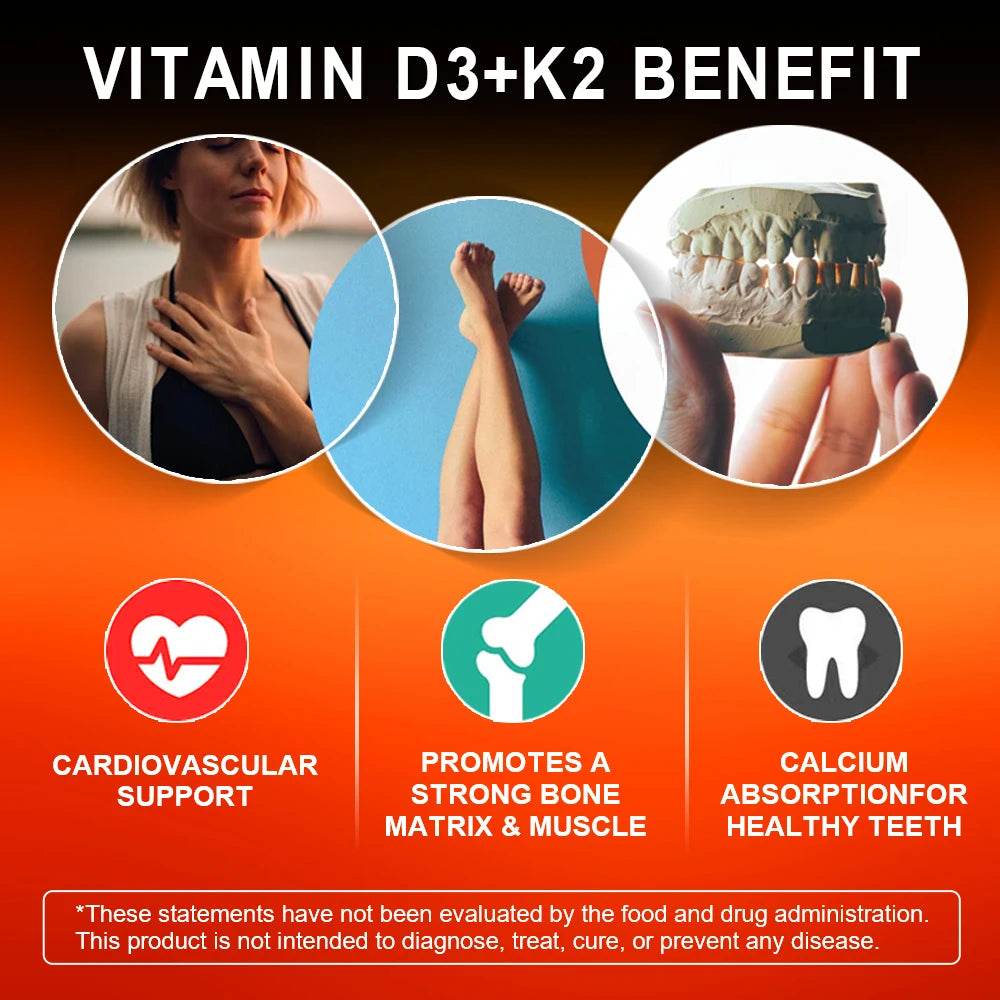 Vitamin D3+K2 Capsules, Heart Health, Bone and Joint Health Support, Suitable for Men and Women - D3 K2 Multivitamin Supplemen