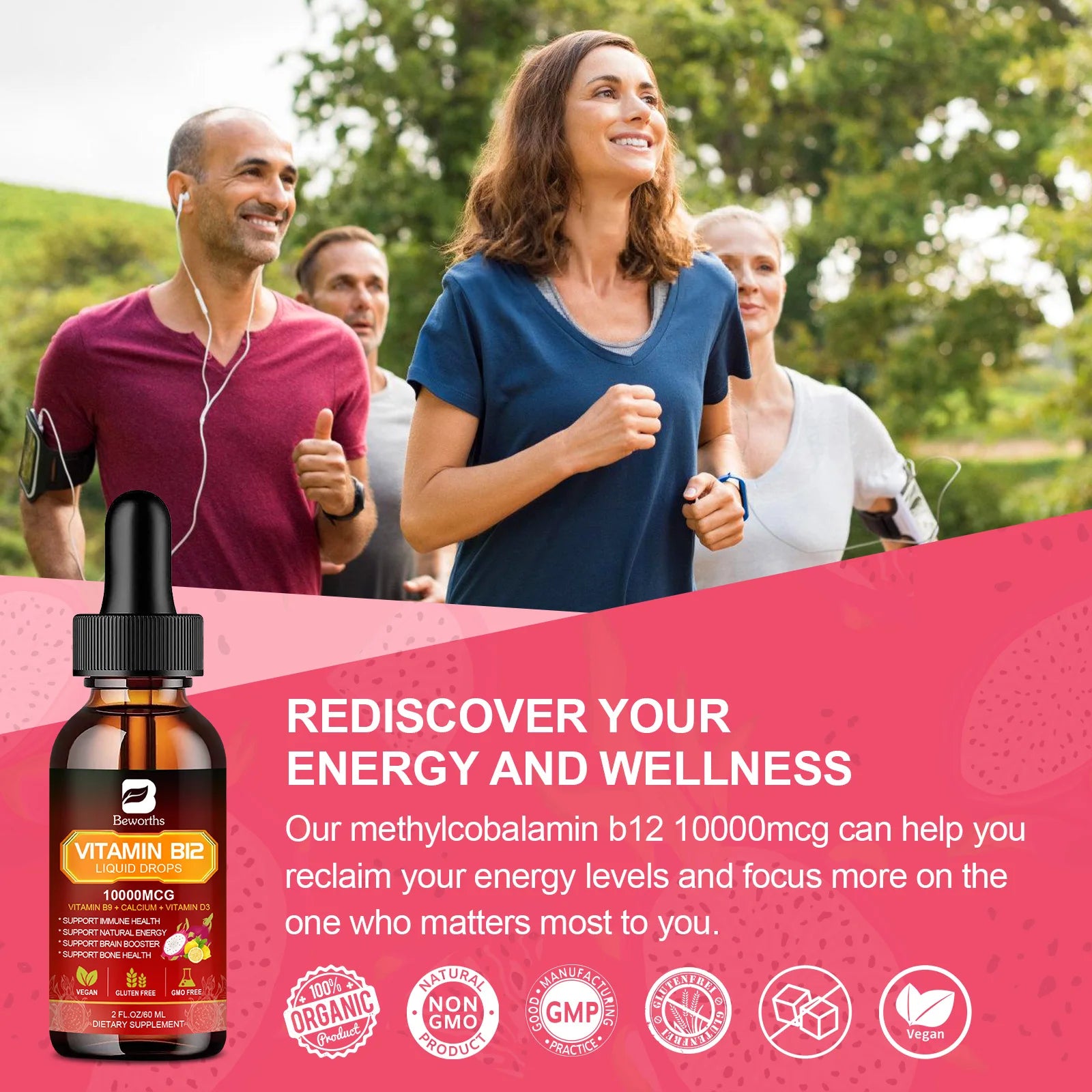 BEWORTHS Vitamin B12 and Vitamin D3 Drink Vitamin Complex Supplements Immune and Intestinal Digestive Health Brain &Heart Health
