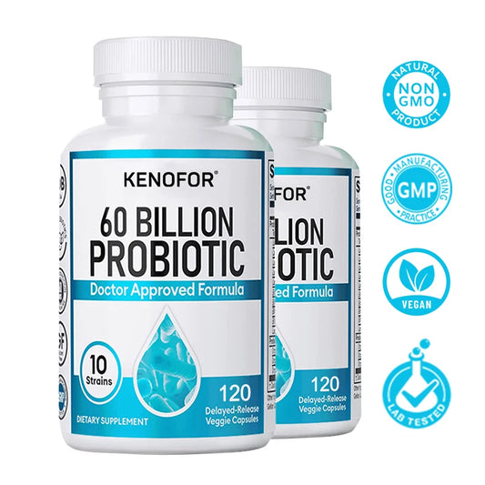 Probiotics 60 Billion CFU - 10 Strains+Organic Prebiotics - Immune, Digestive & Gut Health, Supports Gas, Bloating, 120 Capsules