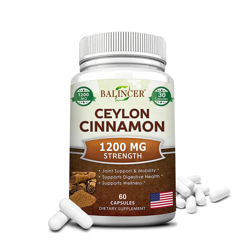 Premium Ceylon Cinnamon 1200 mg Organic All-Natural Supplement for Blood Sugar Levels, Circulation, Brain and Joint Health 60count United States