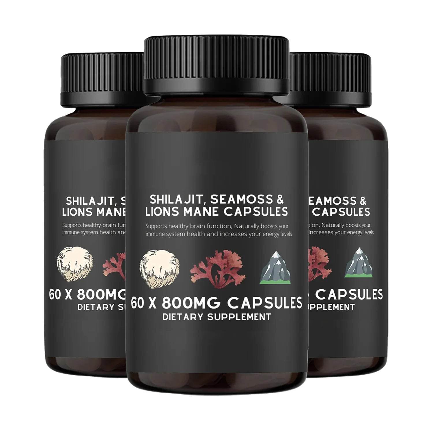 Shilajit, SeaMoss&Lions Mane Capsules - Comprehensive All-in-One Wellness Supplement for Mind, Body, and Vitality - 60 Capsules 3 bottles United States