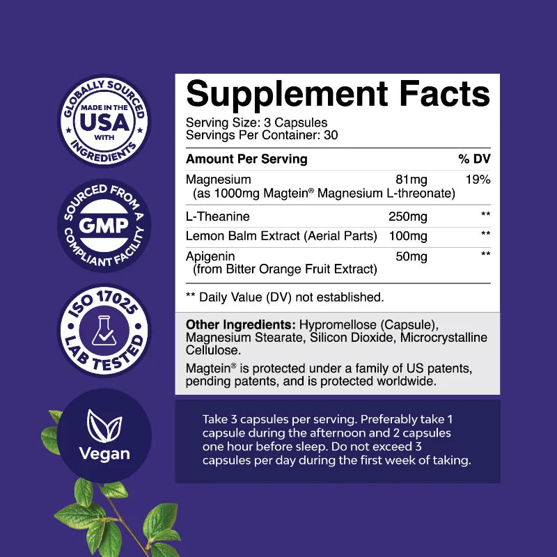 High Absorption Magnesium Sleep Supplement - Magnesium L-Threonate, Apigenin, L-Theanine & Lemon Balm Extract, 90 Capsules