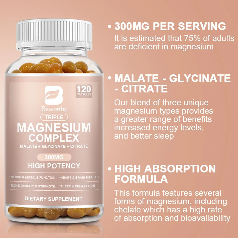 BEWORTHS Magnesium Complex Capsules 300mg Foods Supplements for Muscles, Sleep, Calm, Nervous System & Energy Support
