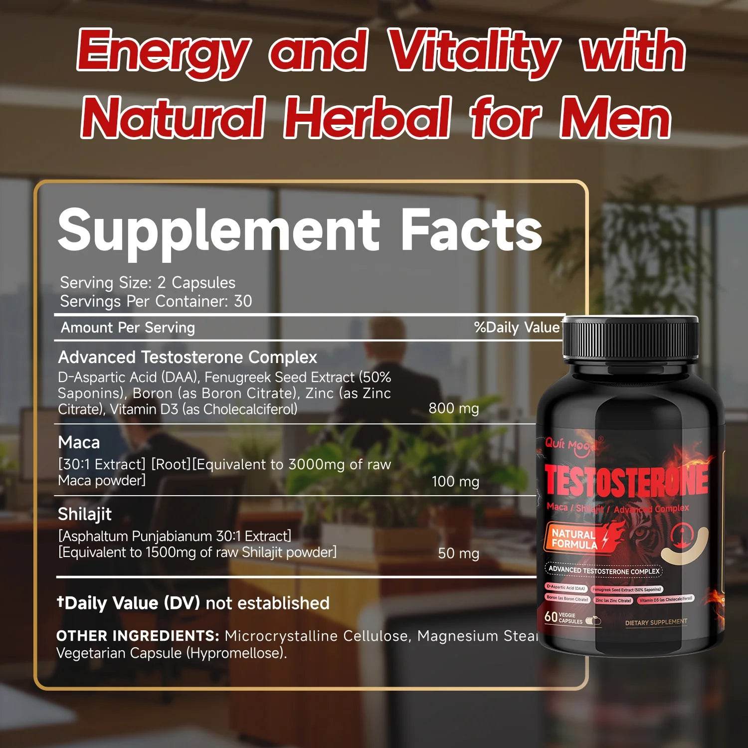 Quit mood Men's Testosterone Capsules | 100mg Maca & 50mg Shilajit & More | Hormone Balance & Stamina Enhancer – 60 Capsules