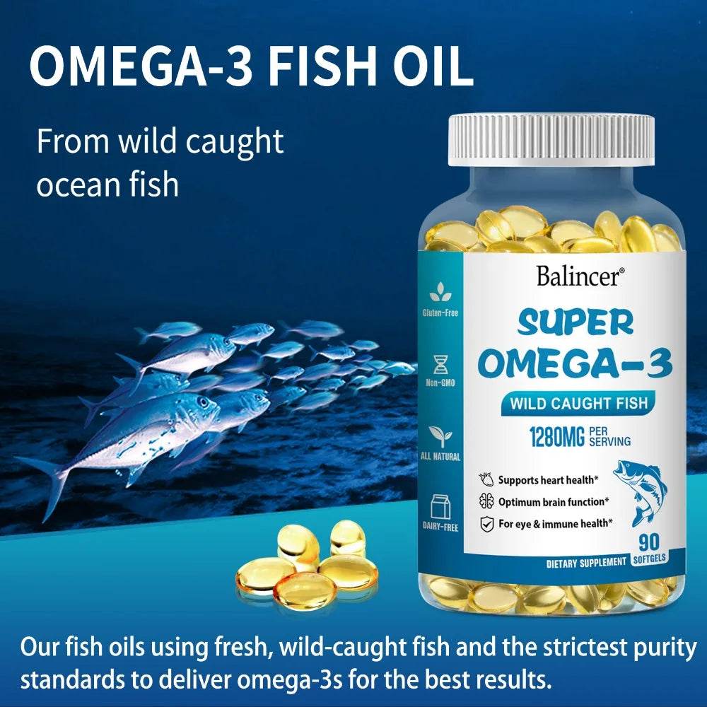 OMEGA 3 Fish Oil Supplement - Rich in EPA & DHA, Supports Brain Health, Heart - Immune System, Eyes, Skin, 90 Capsules