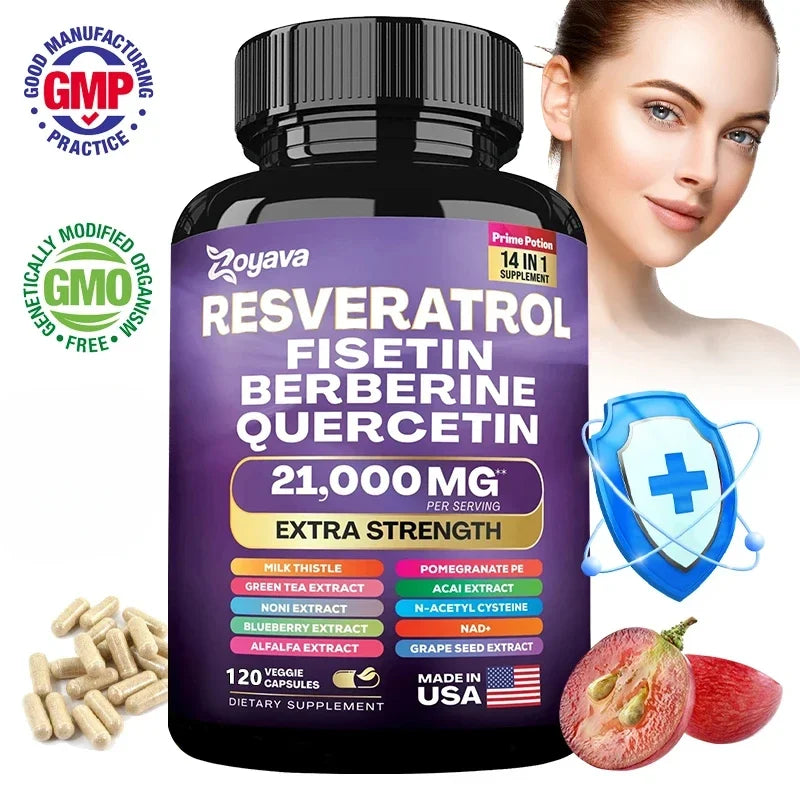 Resveratrol Supplement, Milk Thistle, Berberine, Fisetin, Quercetin, Grape Seed Extract, 60 Capsules, Vitality Enhancer 60count United States