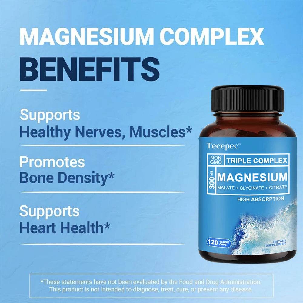 Triple Magnesium Complex | 300 mg Magnesium Glycinate, Malate & Citrate, Muscle, Nerve & Energy Support, 120 Capsules