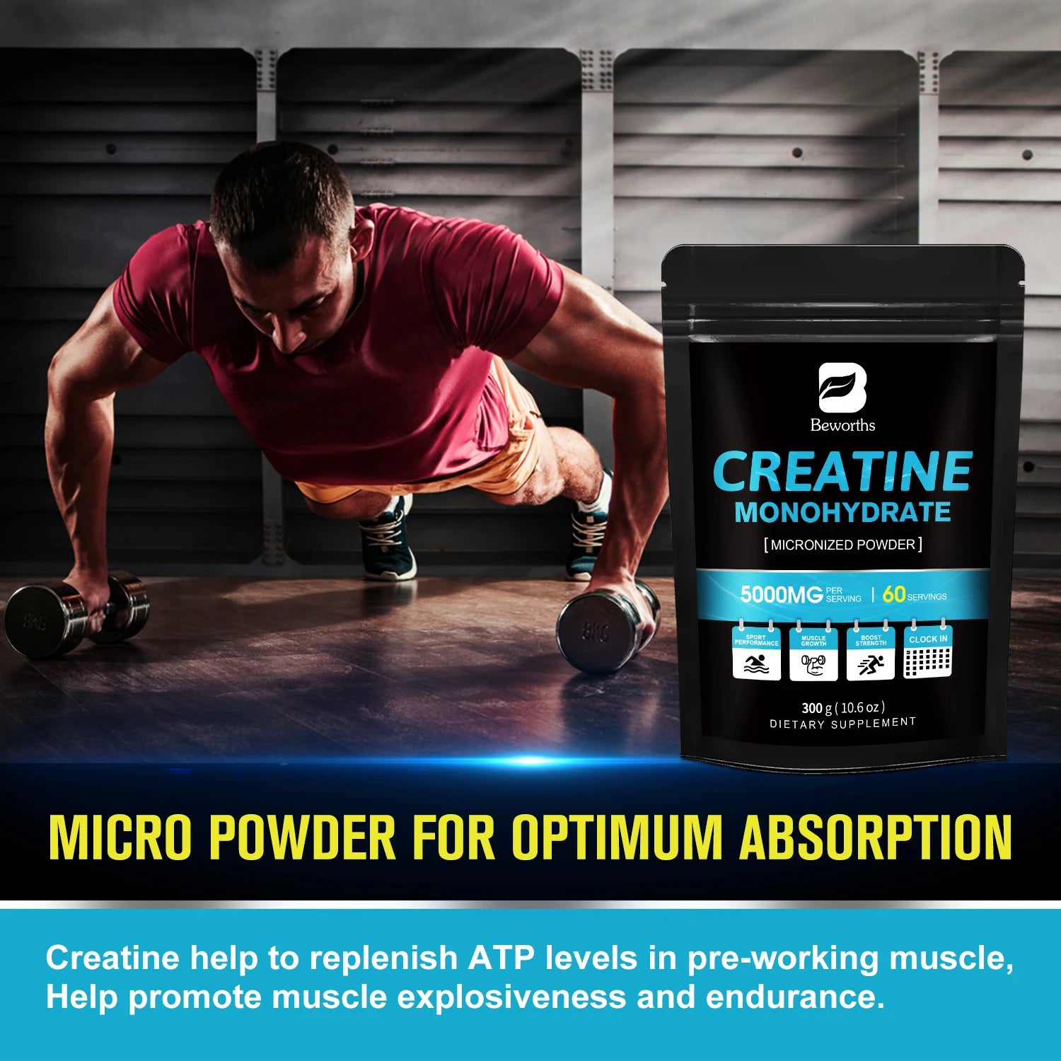 BEWORTHS 300g Creatine Monohydrate Fitness Supplements Build Muscles Muscle Endurance, Non-GMO, Gluten-Free