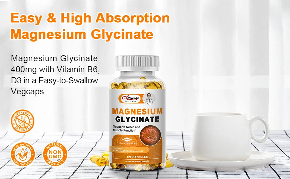 Magnesium Glycinate Supplement 500mg with Zinc,Vitamin D3 B6 High Absorption Support for Women & Men Non-GMO Veggie Capsules