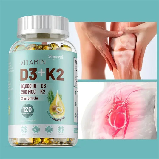 Bottle of Vitamin D3 + K2 supplements with images of a knee and inflamed joint on a teal background.
