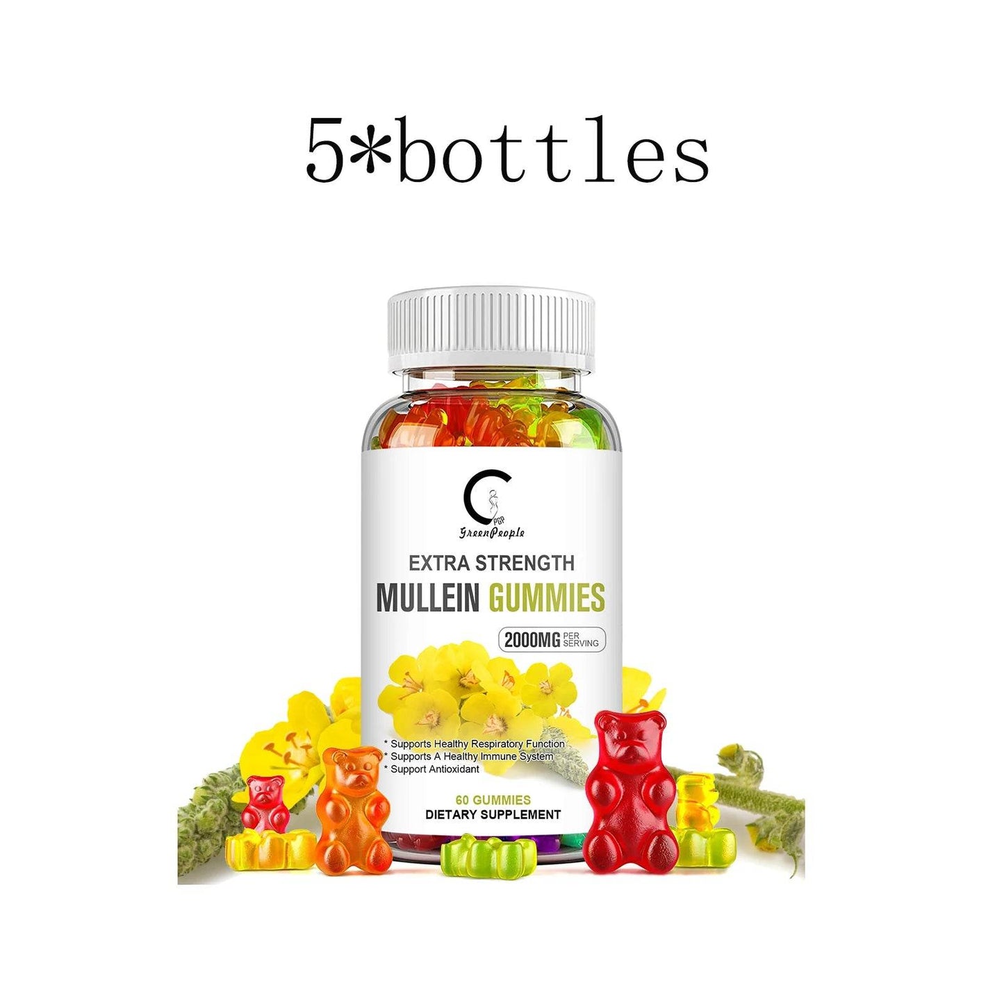 Mullein Gummies for Lung Cleanse, Extra Strength Mullein Leaf Extract, Deep Sleep Better Boost Immune System Iherbal Supplement 5 bottles United States