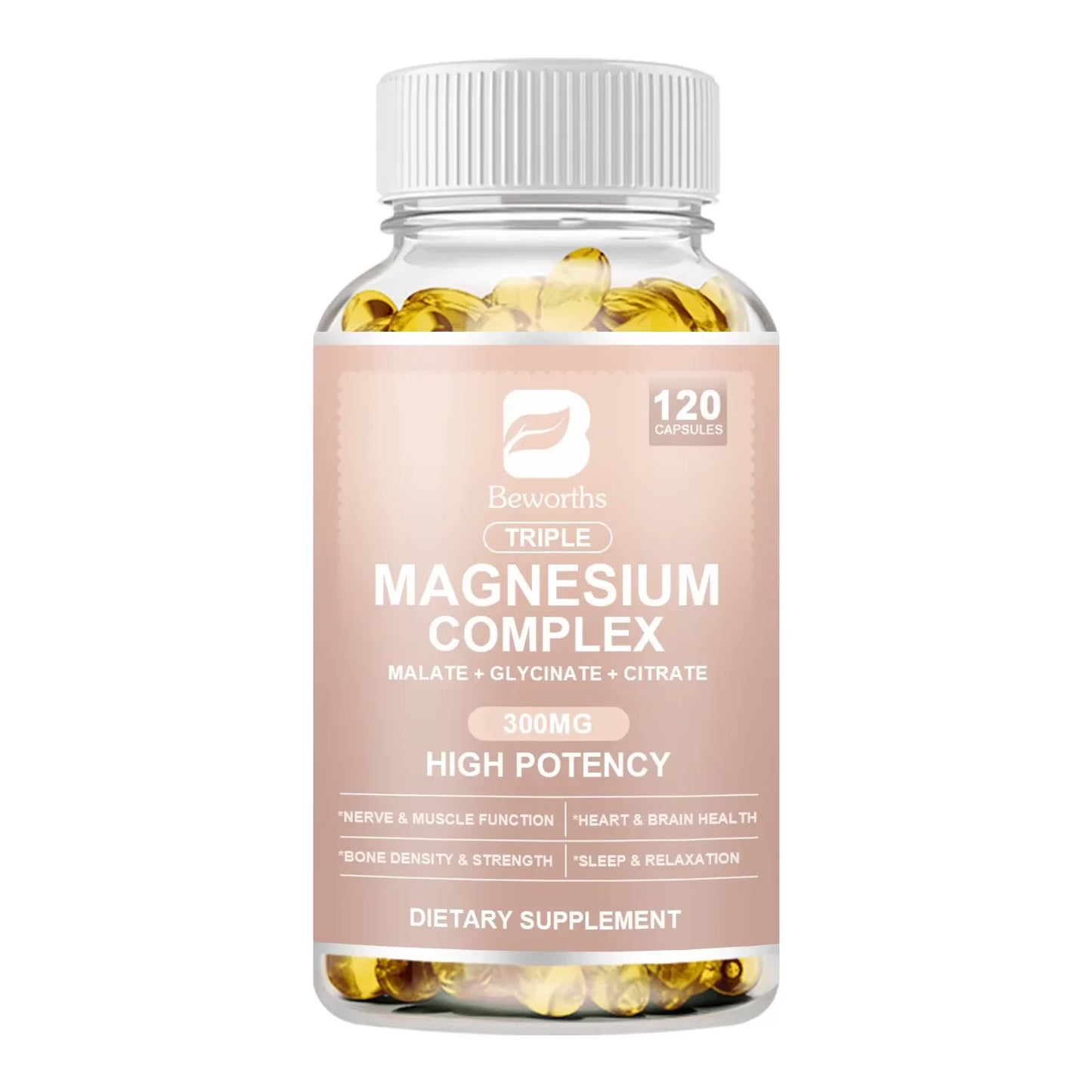 BEWORTHS Magnesium Complex Capsules 300mg Foods Supplements for Muscles, Sleep, Calm, Nervous System & Energy Support 120pcs United States