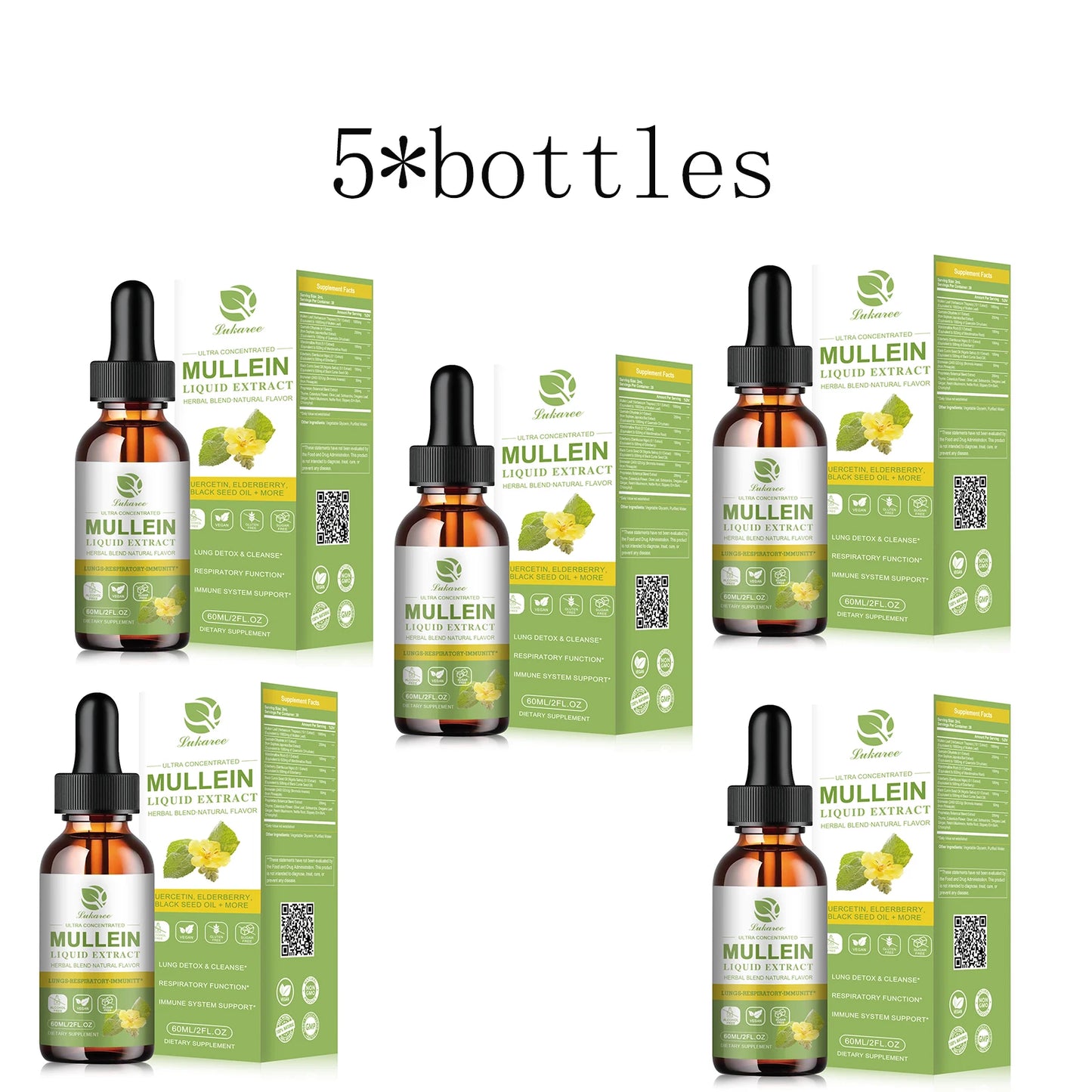 Mullein Drops for Lungs - Mullein Leaf Extract Supplement - Lung & Bronchial Cleanse - Respiratory Health Support 5 bottles United States