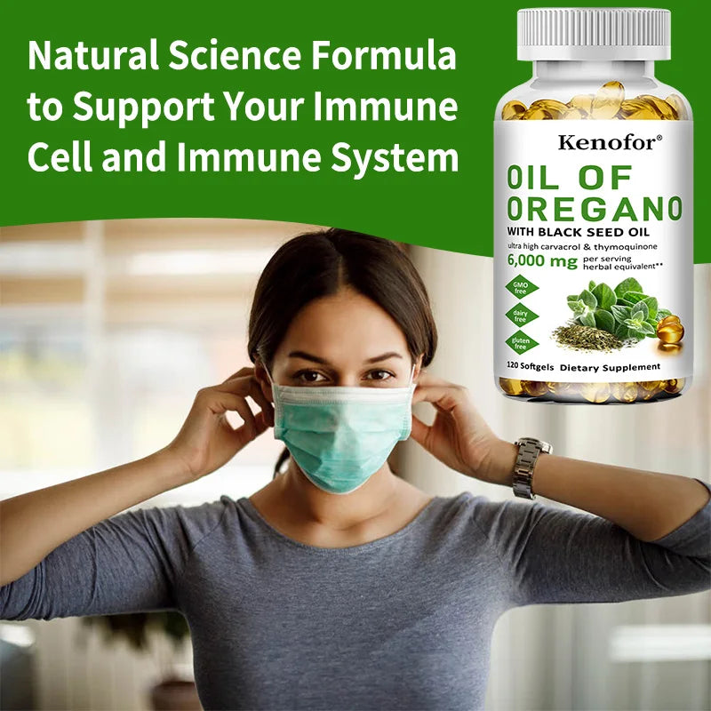 Oregano Oil Softgels - Contains Black Seed Oil, Promotes Digestion and Intestinal Health, Antioxidant, Enhances Immunity