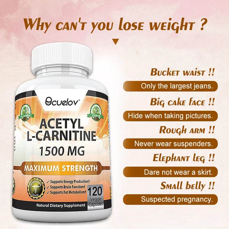 Acetyl L-Carnitine 1500 mg, Supports Efficient Energy Production, Brain Function, Fat Metabolism, 120 Capsules