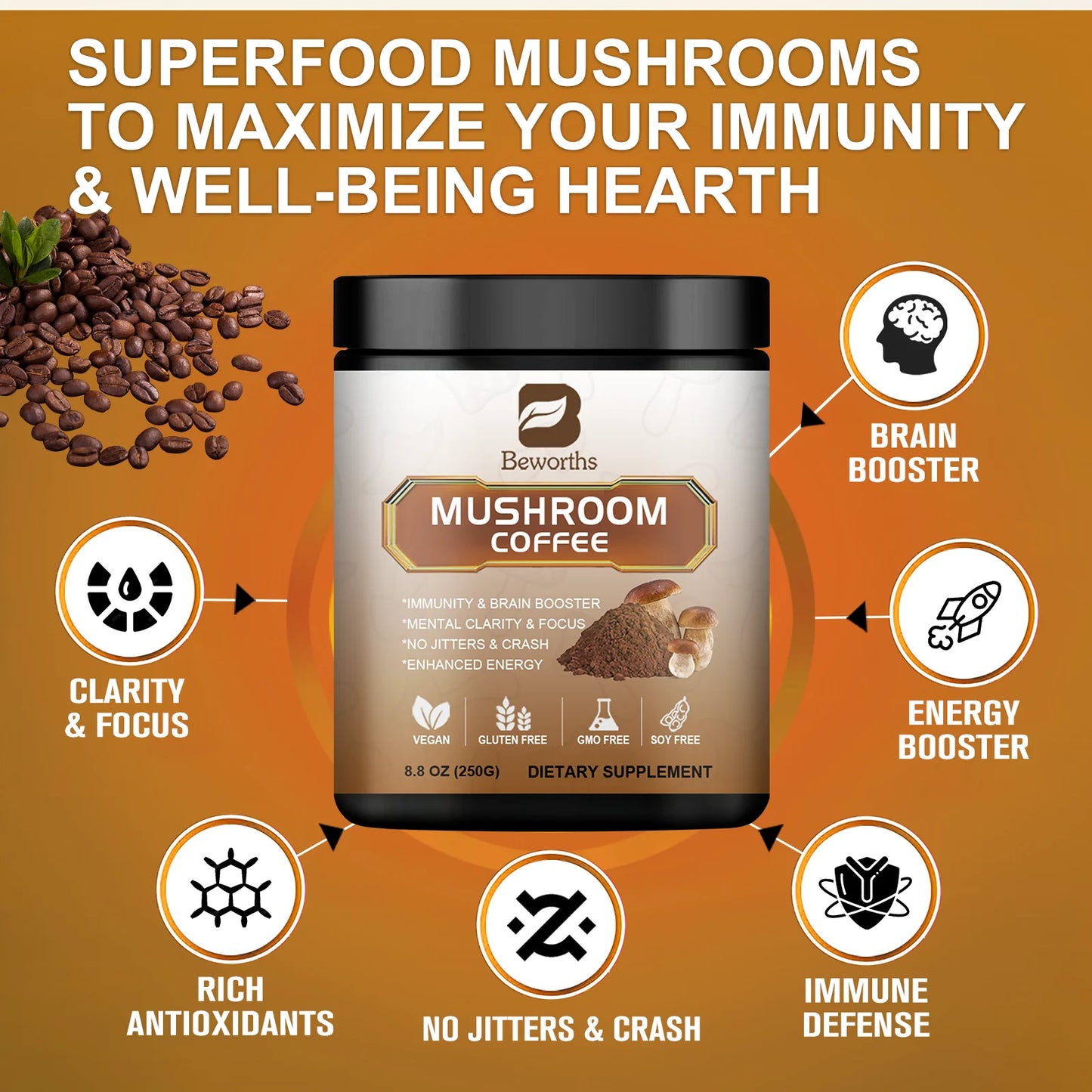 Mushroom Coffee Supplement 10 Mushroom Blend- Lion's Mane, Chaga, Cordyceps Brain Supplements for Energy, Memory and Immunity