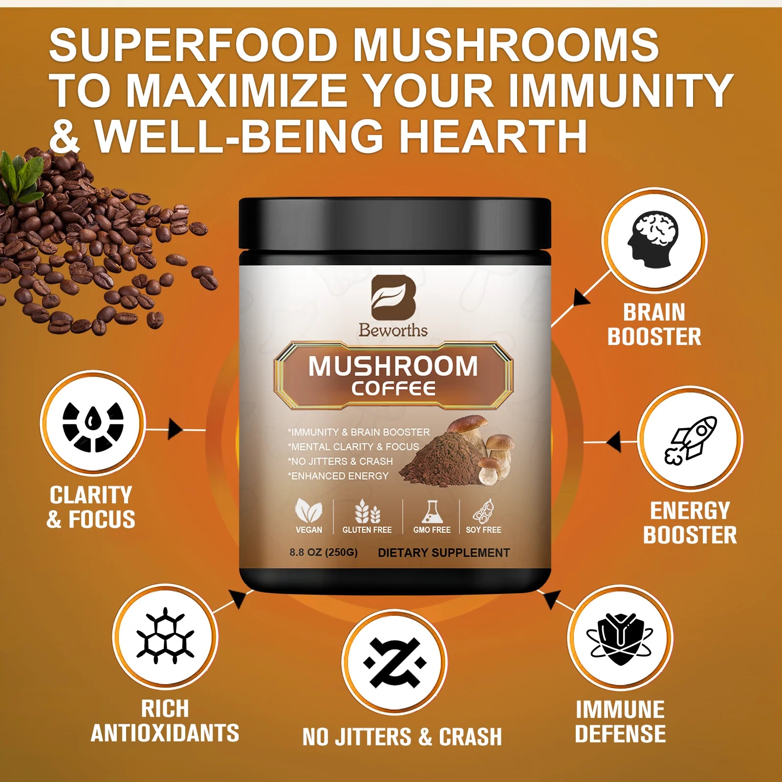 Mushroom Coffee Supplement 10 Mushroom Blend- Lion's Mane, Chaga, Cordyceps Brain Supplements for Energy, Memory and Immunity