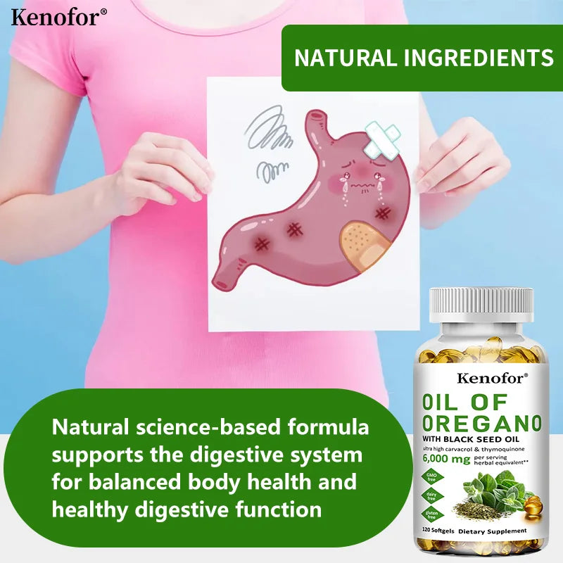 Oregano Oil Softgels - Contains Black Seed Oil, Promotes Digestion and Intestinal Health, Antioxidant, Enhances Immunity