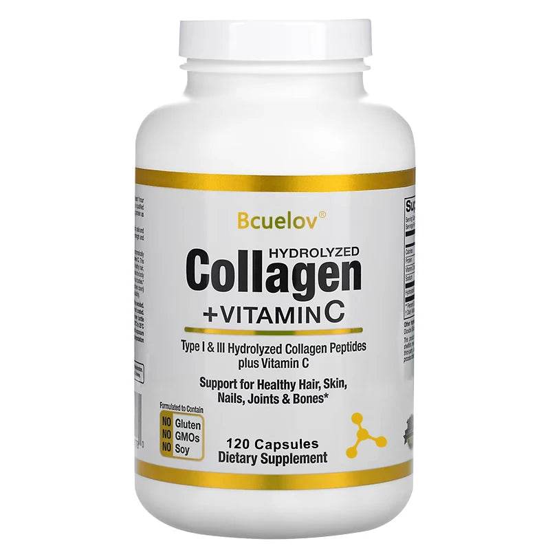 Bcuelov Type I & III Hydrolyzed Collagen Peptides Plus Vitamin C Supports Healthy Hair, Skin, Nails, Joints & Bones 120count United States