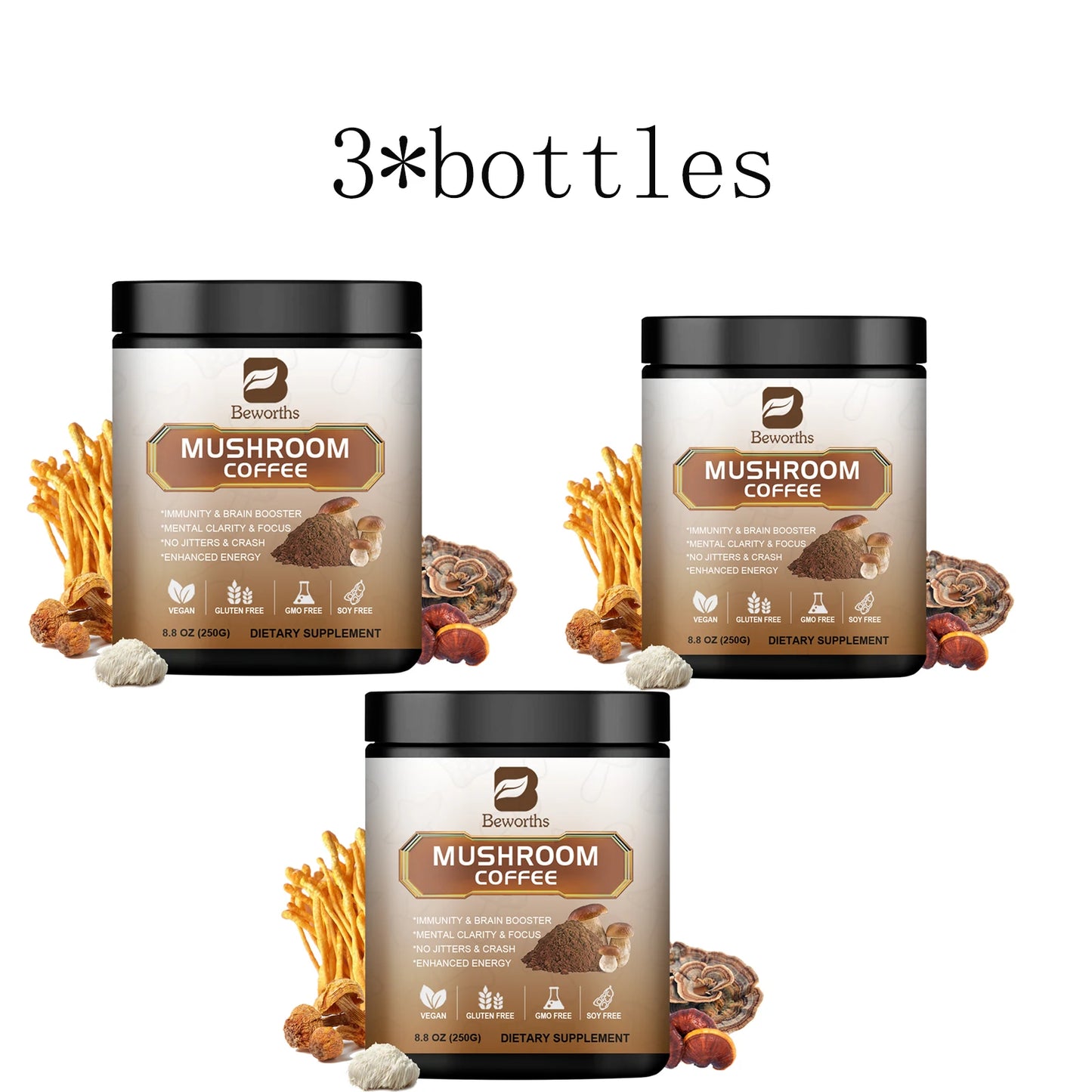 Mushroom Coffee Supplement 10 Mushroom Blend- Lion's Mane, Chaga, Cordyceps Brain Supplements for Energy, Memory and Immunity 3 bottles United States