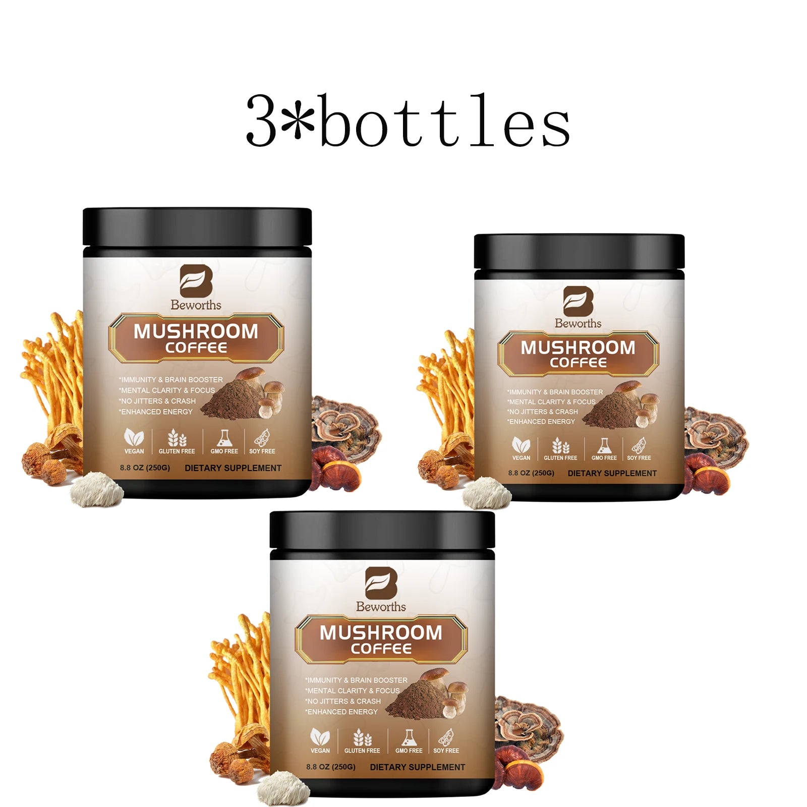 Mushroom Coffee Supplement 10 Mushroom Blend- Lion's Mane, Chaga, Cordyceps Brain Supplements for Energy, Memory and Immunity 3 bottles United States